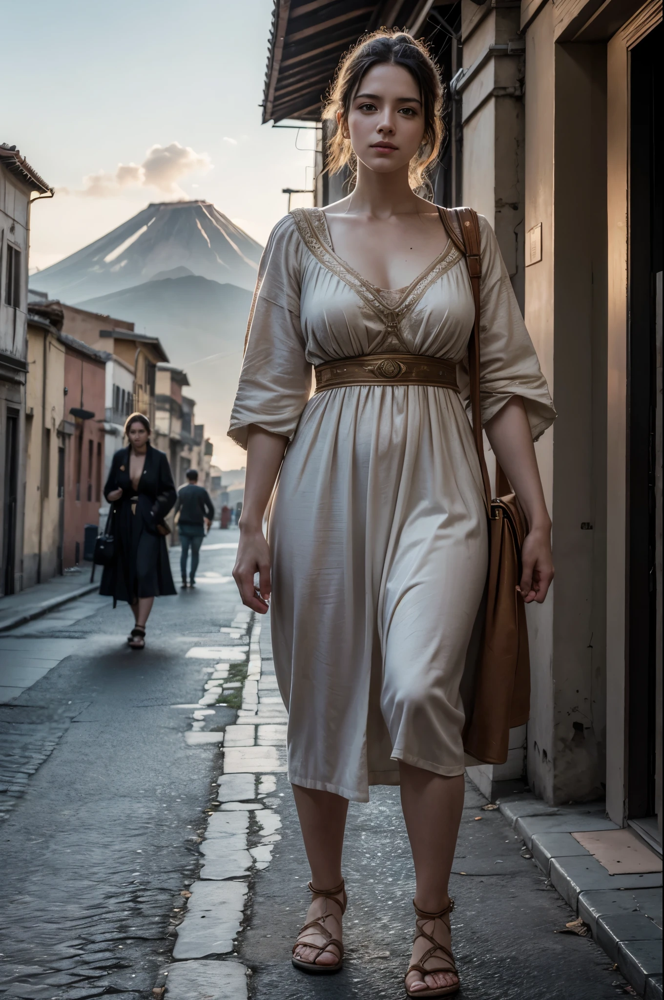 1womanl, 30 year old young man, from ancient Rome, period clothes, from the city of Pompeii, the versuvius volcano in the background, walking down the street, volumetric lighting, athletic, best qualityer, fot, details Intricate, tone mapping, sharp focus, hyper detailled, trends on artstation, gazing at viewer, realisitic