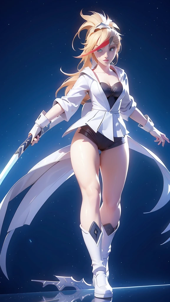 1 girl, ultra long hair, ultra detailed face, glowing lips, glowing blue eyes, very long ponytail, elegant walk, catwalk, holding down a giant katana, blonde, long eyelashes, long boots , looking to the sky, starry sky, a ultra giant katana