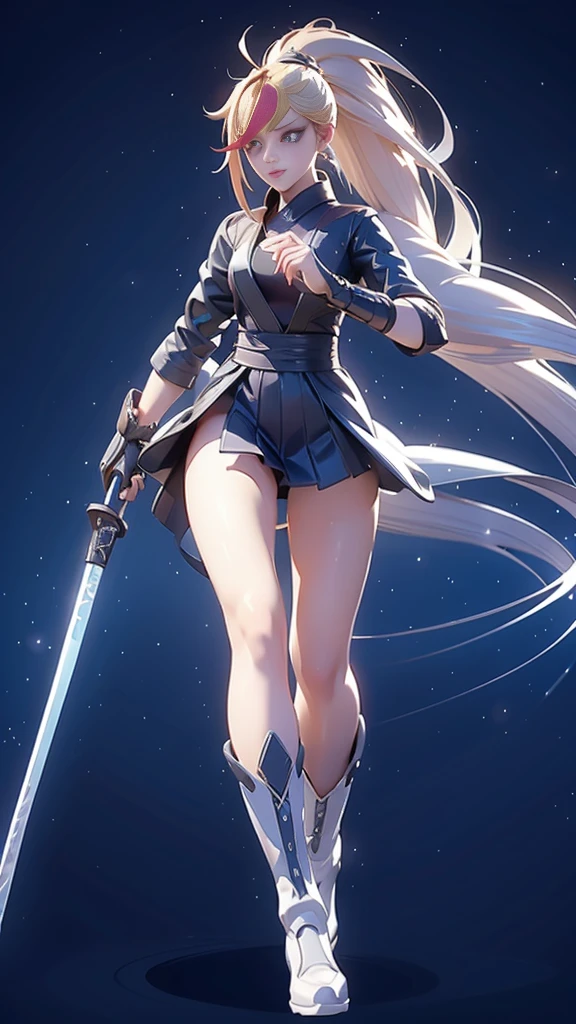 1 girl, ultra long hair, ultra detailed face, glowing lips, glowing blue eyes, very long ponytail, elegant walk, catwalk, holding down a  giant katana, blonde, long eyelashes, long boots , looking to the sky, starry sky, a ultra giant katana 