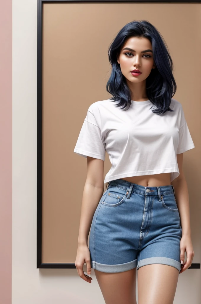 Full-body portrait of a stunning Russian model with oval face shape and light warm-toned skin, features dark blue hair styled in a striking short-length cut. Her round face is framed by arched eyebrows and a small nose with a straight bridge, complementing her full lips painted with light pink lipstick. The subject exudes a sultry vibe, posing on one foot in tight white shoes, a fitted T-shirt, and high-waisted jeans against a solid-colored background. Shot with precision using the Sony A7 mirrorless camera, capturing photorealistic details from head to toe.,Masterpiece