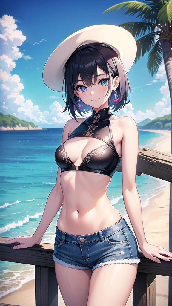 Masterpiece, top quality, best quality, official art, beautiful and aesthetic, anime, 1girl,extremely detailed, colorful, more detailed ((ultra-detailed)), (highly detailed CG illustration),Best Quality, High resolution, Unity 8k Wallpaper, (Illustration:0.8), (Beautiful detailed eyes:1.6), extra detailed face, Perfect Lighting, extremely details CG, (Perfect hands, Perfect Anatomy), seaside,sea,beach,clouds, black short hair,hat,smile, blue eyes,earrings,skinny fit,small breasts,wet,bikini,jeans shorts,from above,in centerof frame, looking into camera,soft light