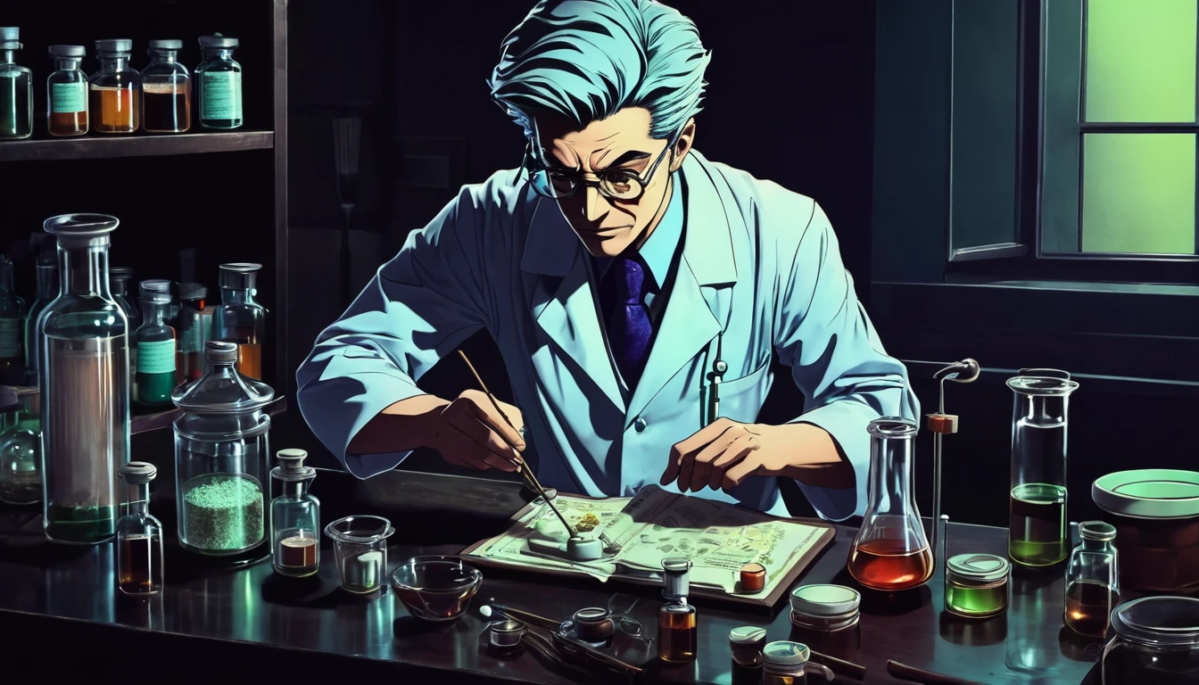 Doctor making a medicine,dark anime style,retro