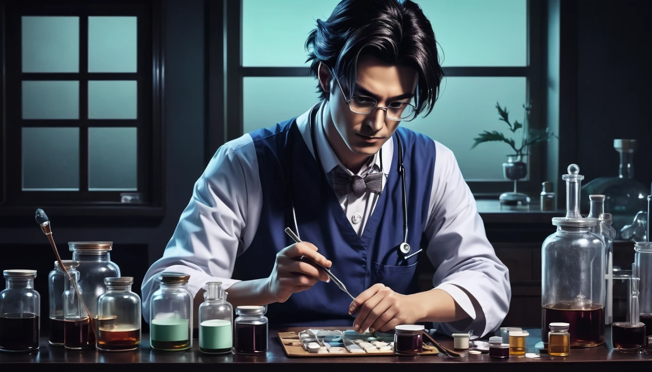 Doctor making a medicine,dark anime style,retro