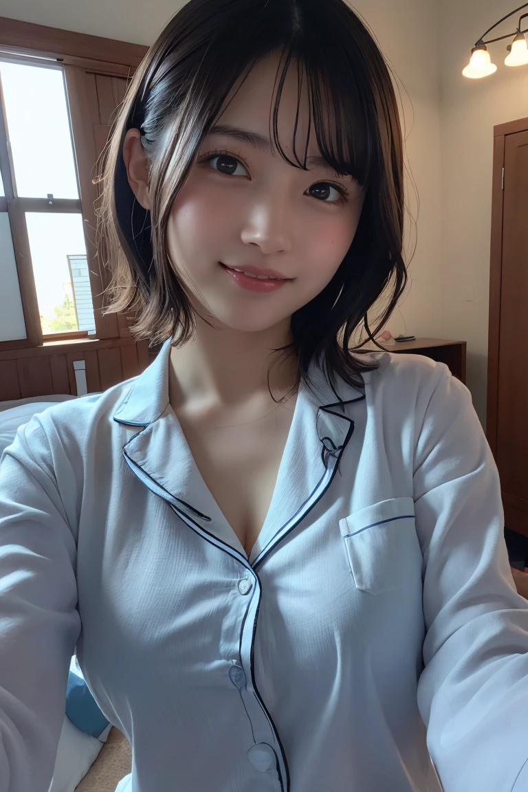 (8K, RAW Photos, Highest quality, High resolution: 1.1), (ultra Realistic: 1.4), (Realistic, Realistic: 1.3), The Beauty of Japan, pajamas, ((Upper Body: 1.3)) High resolution, Realistic image of a Japanese woman with short hair, She has big breasts and red cheeks, Look at that, smile She looks at it, smile, While taking a selfie. Her smartphone is close to her face. She appears to be live streaming from her home., Spread on the bed, With a blanket over my chest.Embarrassed face