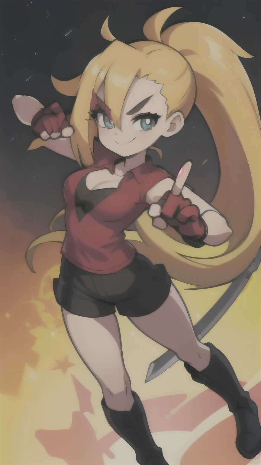 (best quality:HD, Colorful, 3D, 3d render , cartoon, 1.2),solo,1girl,mdrin,smile,looking at viewer,lovely pose, ponytail,v-shaped eyebrows,red shirt, cleavage , fingerless gloves,black shorts , rooftop, night sky, dark night,background, colorful tones, Hair over one eye, ultra long hair, standing on hooftop, long boots, long ponytail, blonde, holding a perfect katana sword,