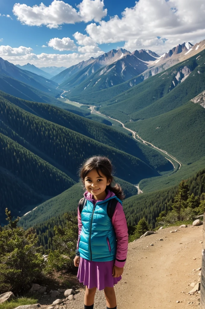 Draw a cartoon of a girl in the mountains
