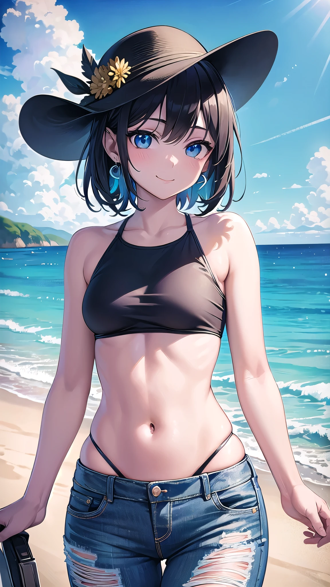 Masterpiece, top quality, best quality, official art, beautiful and aesthetic, anime, 1girl,extremely detailed, colorful, more detailed ((ultra-detailed)), (highly detailed CG illustration),Best Quality, High resolution, Unity 8k Wallpaper, (Illustration:0.8), (Beautiful detailed eyes:1.6), extra detailed face, Perfect Lighting, extremely details CG, (Perfect hands, Perfect Anatomy), seaside,sea,beach,clouds, black short hair,hat,smile, blue eyes,earrings,skinny fit,small breasts,wet,bikini,jeans shorts,from above,in centerof frame, looking into camera,soft light