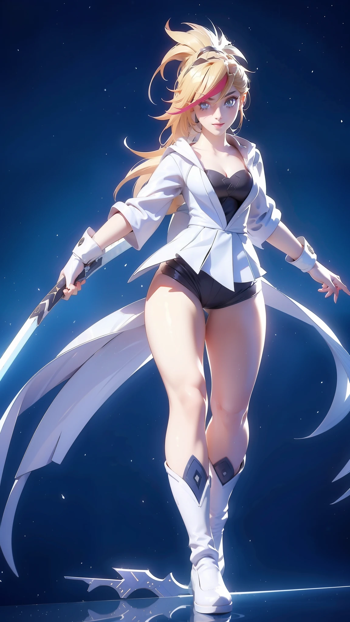 1 girl, ultra long hair, ultra detailed face, glowing lips, glowing blue eyes, very long ponytail, elegant walk, catwalk, holding down a giant katana, blonde, long eyelashes, long boots , looking to the sky, starry sky, a ultra giant katana