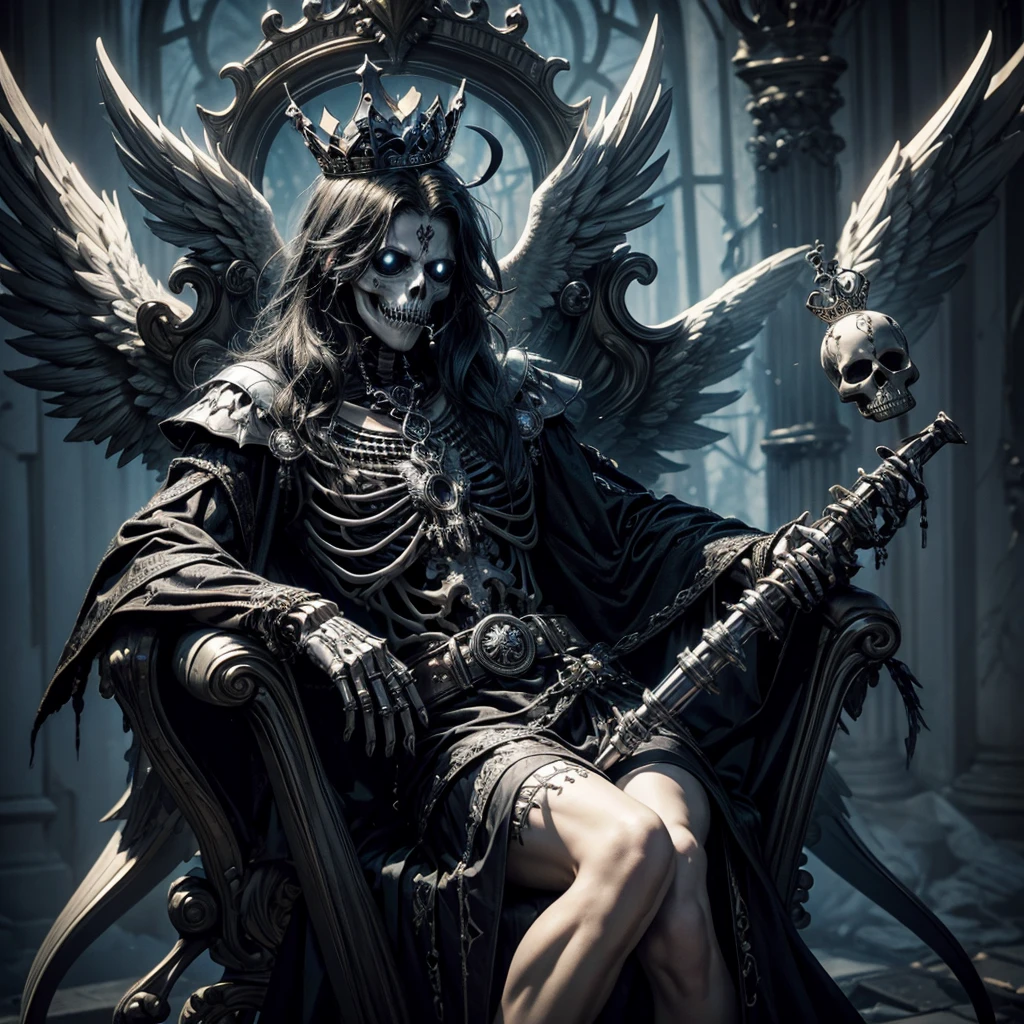 A skeleton with a royal crown on his head and angel wings sitting on a gothic throne with his mouth open and covered in cobwebs