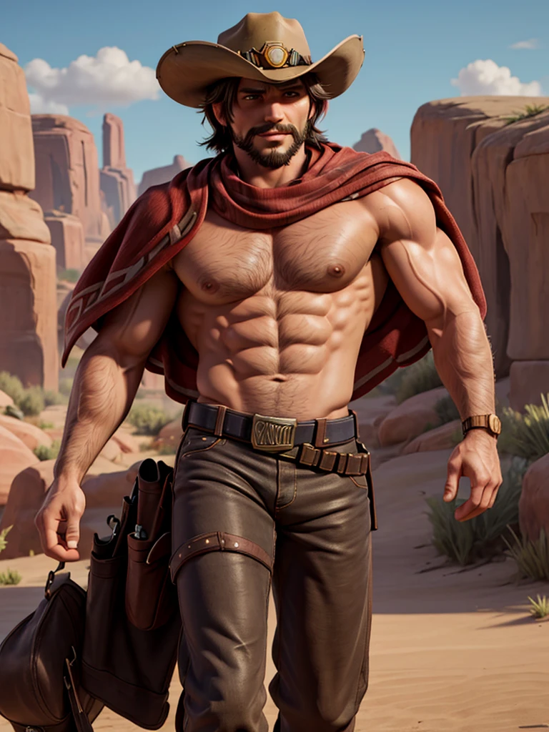 (masterpiece, 4K, ultra detailed), McCree, cowboy, hat, medium length hair, masculine, simple coloring, smooth shading, outside, wild west, realistic, muscular, eight-pack, shirtless, black boxers, underwear