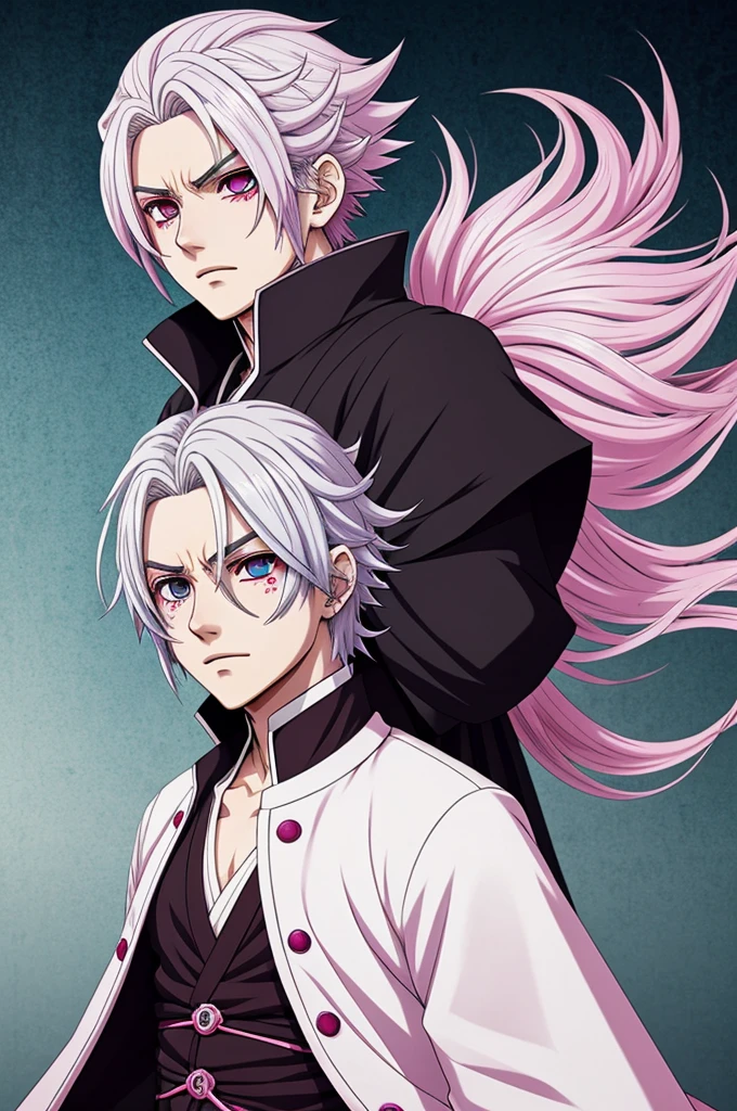 Generates a boy with white hair and pink eyes in the style of Kimetsu no Yaiba