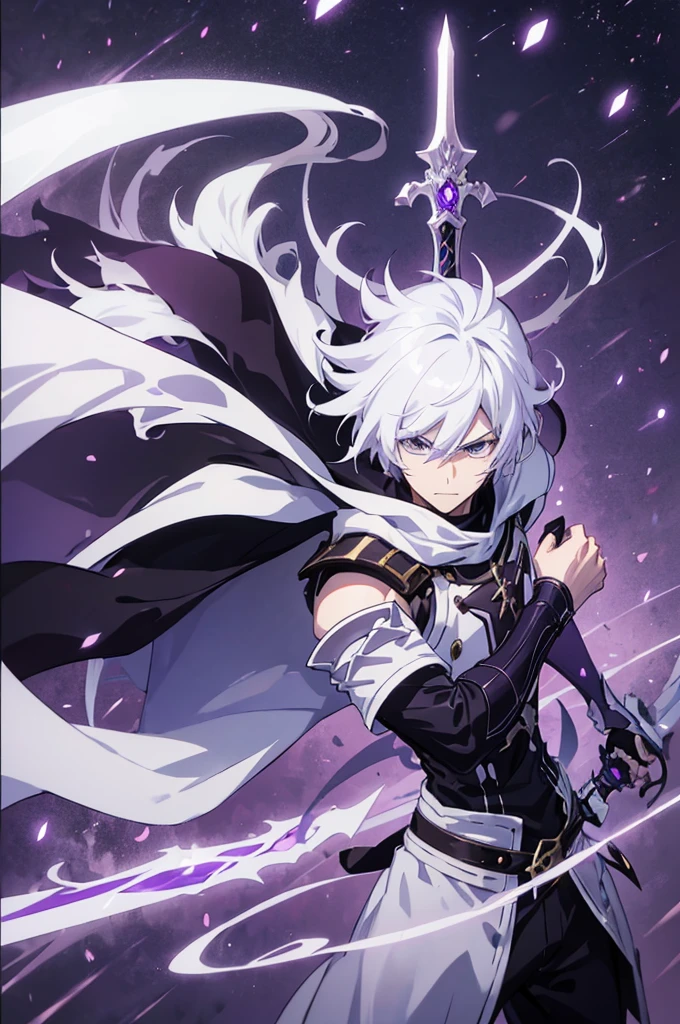 A 25 years old anime man with white hair, holding a kamish wrath Dagger, Wearing a dark and purple Armor
