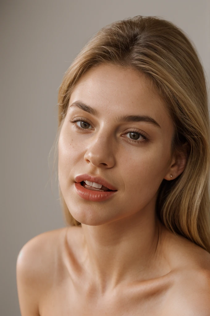 A photorealistic portrait of a young and beautiful woman with light blonde hair, long hair, and brown eyes, American. Epic realism, raw photo, (highly detailed skin:1.2), 8k, DSLR, soft lighting, high quality, film grain, Fujifilm XT3, ultra high resolution, photorealistic:1.4, uhd. The background is blurred to emphasize her face. Her facial features are meticulously detailed: her smooth and clear skin, well-defined cheekbones, a perfectly shaped nose, a high and smooth forehead, long and thick eyelashes, well-groomed eyebrows, and soft, slightly parted lips. The lighting highlights the natural contours of her face, giving a lifelike and vibrant appearance. She exudes a captivating beauty, with a seductive and alluring expression, sticking her tongue out playfully and giving a fierce, tigress-like look. This dynamic pose makes her appear as a stunning and confident 21-year-old OnlyFans model, radiating sexiness and charisma.