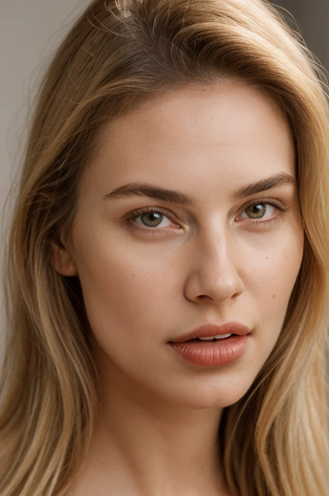 A photorealistic portrait of a young and beautiful woman with light blonde hair, long hair, and brown eyes, American. Epic realism, raw photo, (highly detailed skin:1.2), 8k, DSLR, soft lighting, high quality, film grain, Fujifilm XT3, ultra high resolution, photorealistic:1.4, uhd. The background is blurred to emphasize her face. Her facial features are meticulously detailed: her smooth and clear skin, well-defined cheekbones, a perfectly shaped nose, a high and smooth forehead, long and thick eyelashes, well-groomed eyebrows, and soft, slightly parted lips. The lighting highlights the natural contours of her face, giving a lifelike and vibrant appearance. She exudes a captivating beauty, with a seductive and alluring expression, sticking her tongue out playfully and giving a fierce, tigress-like look. This dynamic pose makes her appear as a stunning and confident 21-year-old OnlyFans model, radiating sexiness and charisma.