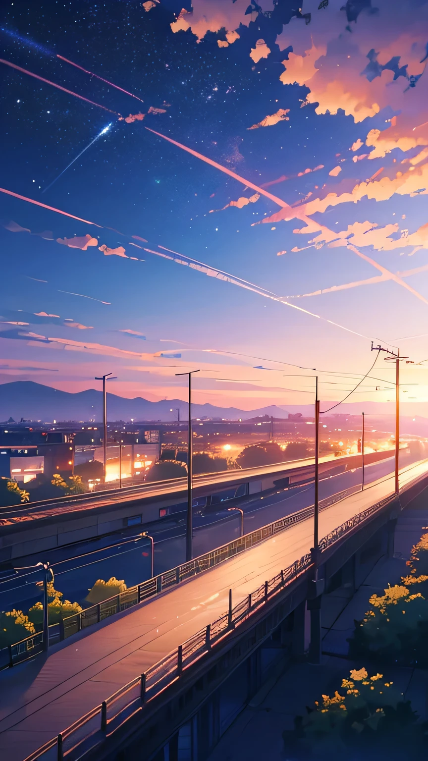 Anime scene of a train passing under a pink and purple sky, Anime drawing by Makoto Shinkai, Topics on pixiv, Magic realism, Beautiful anime scene, Space Sky. by Makoto Shinkai, ( ( makoto shinkai ) ), by Makoto Shinkai, Anime Background Art, Makoto Shinkai style. Detail enhancements, Perfect detail handling.