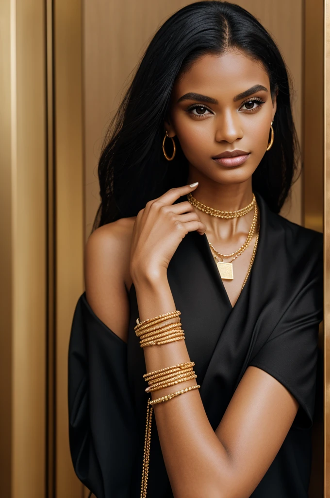 Image of a stunning model wearing thin gold jewelry, as well as professional black clothing