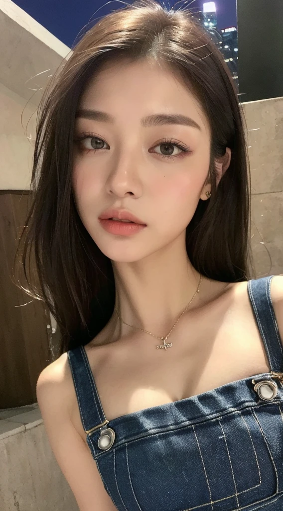 ((midnight, best quality, 8K, masterpiece :1.3)), whole body, Long legs, Clear focus :1.2, Beautiful woman with perfect body :1.4, Slim abdominal muscles :1.1, ((Dark brown hair, 巨Large Breasts :1.2)), (Red tube top tight T-shirt, Overalls Jeans,Balenciaga socks， permanent:1.2), ((City night scene, roof:1.3)), Highly detailed face and skin textures, Delicate eyes, Double eyelids，Large Breasts，Watch exposed breasts，Touch your chest with your hands。