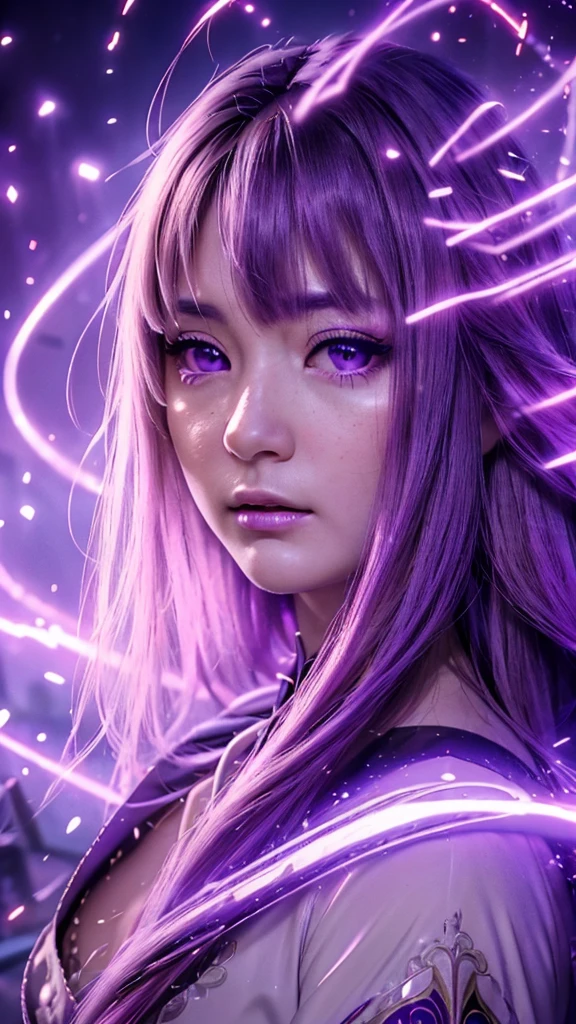 A adult girl in realistic portrait of high quality and detail, Raiden Shogun (Genshin Impact), 2000's movie style, japanese girl, dark and mysterious atmosphere, pale skin, glow, eye shadow, 1girl, thriller fantasy, Depth & Perspective, sadness on her face, long tail purple hair, purple eyes, Mystical powers, fine face, standing in the room, outside, the japanese royal palace on the background, blue sky, white cloud, looking at viewer, (ultra-high detail:1.2), Masterpiece, Best Quality, Ultra-detailed, Cinematic lighting, 8K, delicate features, cinematic, 35 mm lens, f/1.9, highlight lighting, global lighting –uplight –v 4, cinematic, intense gaze, Cinematic lighting, 8K, high quality, Highest Quality, (Solo Focus), (extremly intricate:1.3), (Realistic), dramatic, masterful, Analog style, (Film grain:1.5), (warm hue, cold tone), destruction behind back