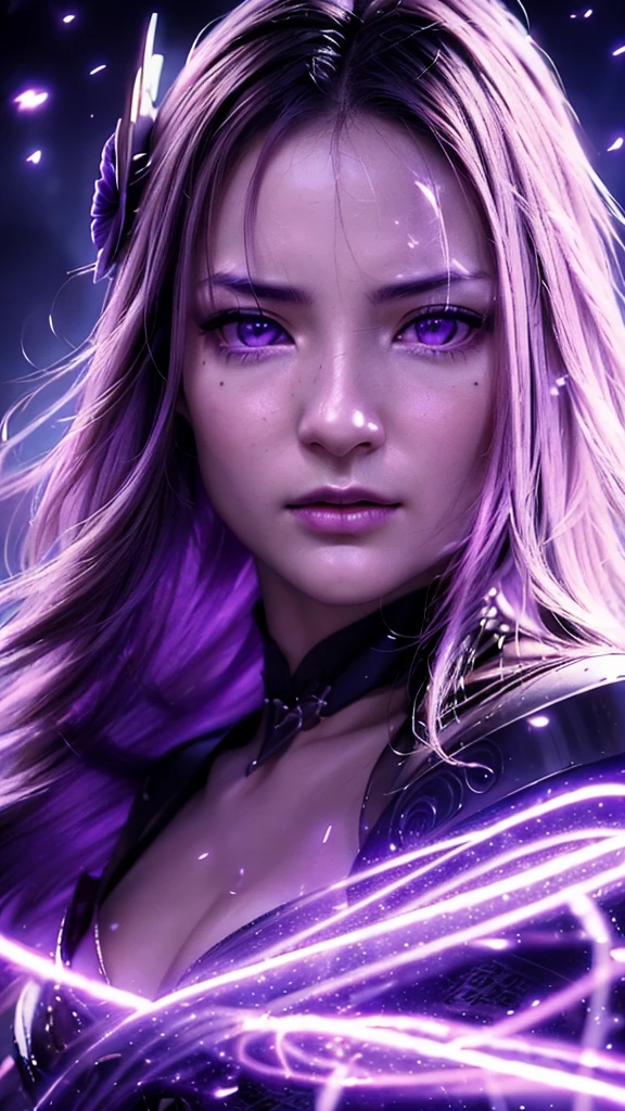 A adult girl in realistic portrait of high quality and detail, Raiden Shogun (Genshin Impact), 2000's movie style, japanese girl, dark and mysterious atmosphere, pale skin, glow, eye shadow, 1girl, thriller fantasy, Depth & Perspective, sadness on her face, long tail purple hair, purple eyes, Mystical powers, fine face, standing in the room, outside, the japanese royal palace on the background, blue sky, white cloud, looking at viewer, (ultra-high detail:1.2), Masterpiece, Best Quality, Ultra-detailed, Cinematic lighting, 8K, delicate features, cinematic, 35 mm lens, f/1.9, highlight lighting, global lighting –uplight –v 4, cinematic, intense gaze, Cinematic lighting, 8K, high quality, Highest Quality, (Solo Focus), (extremly intricate:1.3), (Realistic), dramatic, masterful, Analog style, (Film grain:1.5), (warm hue, cold tone), destruction behind back