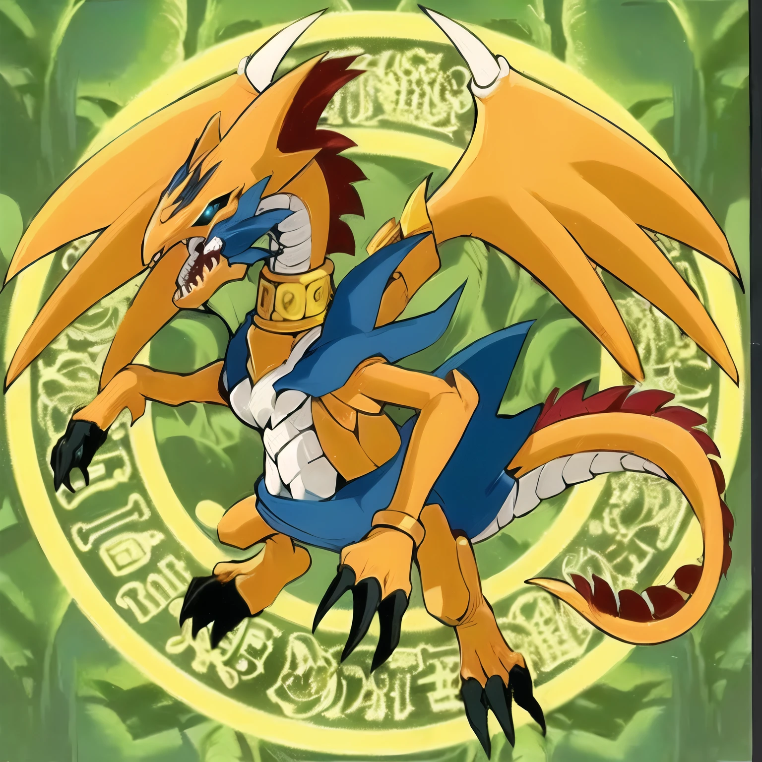 A closeup of a cartoon dragon with a circular background, yugioh art style, like an anthropomorphic dragon, estilo yugioh, Dra the dragon, Official Art, legendary dragon, but like an anthropomorphic dragon, digimon, Colossal dragon as a background., dragon in the dragon's lair, Slifer the Sky Dragon, quetzalcoatl