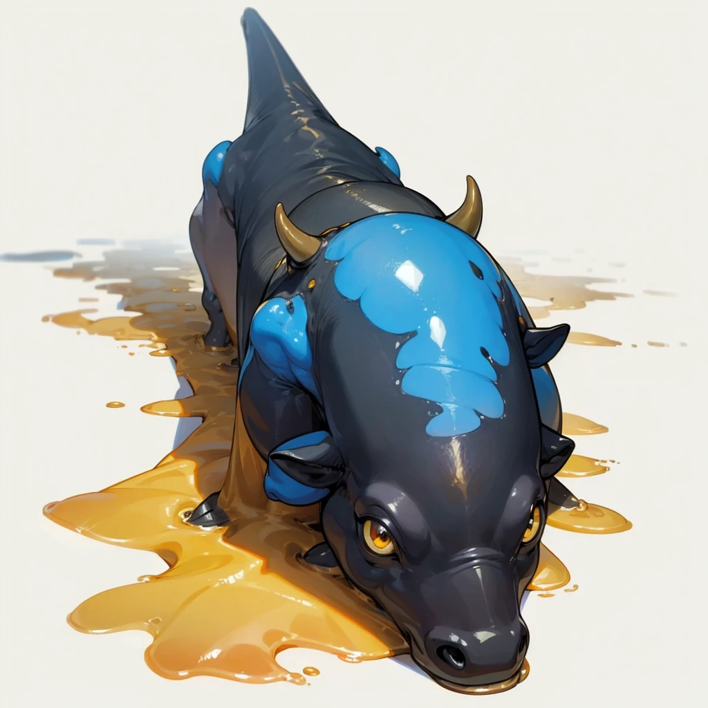 (Random Evolution, Colossal squid mixed Limousine cow), full body version, full blue and yellow colour skins, (gold eyes), (Grassroots oil), no background, Oil, slimy floor