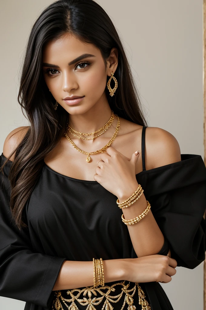 Image of a stunning model wearing thin gold jewelry, as well as professional black clothing