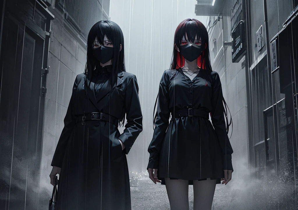 "Create an anime-style image that captures the emotional depth and contrasting themes of the song. The scene should feature a dark, rainy urban environment with deep shadows and muted colors. In the foreground, a character with visible red scars on their wrists stands in a contemplative pose, half-hidden in the shadows. Their face is partially obscured by a mask, symbolizing the duality of their public facade and private pain. Surrounding them, incorporate subtle, moody lighting and rain effects to evoke a sense of inner turmoil and silent screams. The overall aesthetic should blend traditional anime art with a melancholic and dark, yet visually striking atmosphere."