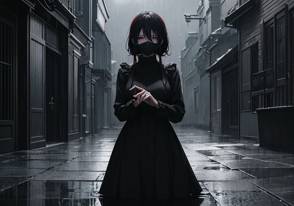 "Create an anime-style image that captures the emotional depth and contrasting themes of the song. The scene should feature a dark, rainy urban environment with deep shadows and muted colors. In the foreground, a character with visible red scars on their wrists stands in a contemplative pose, half-hidden in the shadows. Their face is partially obscured by a mask, symbolizing the duality of their public facade and private pain. Surrounding them, incorporate subtle, moody lighting and rain effects to evoke a sense of inner turmoil and silent screams. The overall aesthetic should blend traditional anime art with a melancholic and dark, yet visually striking atmosphere."