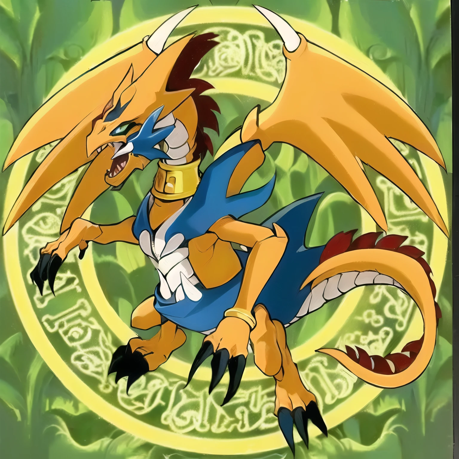 A closeup of a cartoon dragon with a circular background, yugioh art style, like an anthropomorphic dragon, estilo yugioh, Dra the dragon, Official Art, legendary dragon, but like an anthropomorphic dragon, digimon, Colossal dragon as a background., dragon in the dragon's lair, Slifer the Sky Dragon, quetzalcoatl