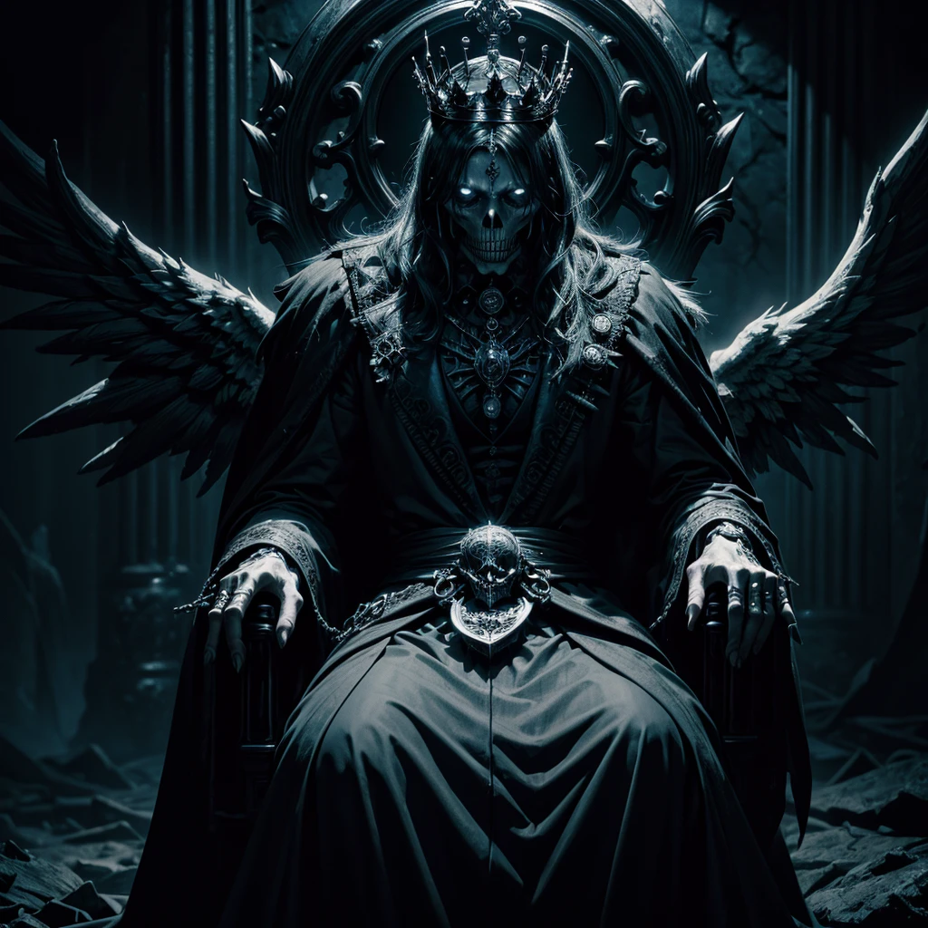 A skeleton with a royal crown on his head, angel wings, open mouth, cobwebs, sitting on a gothic throne, detailed, dark, eerie, moody lighting, dramatic, high quality, 8k, photorealistic, intricate, striking, fantastical, supernatural, haunting, mysterious, enchanting, sophisticated, cinematic, ominous, gothic, horror, dark fantasy, dramatic lighting, detailed textures, dramatic composition, dark colors, deep shadows, cinematic angle, masterpiece