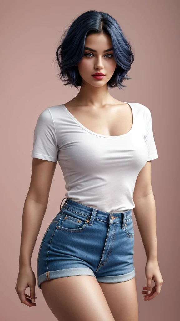 Full-body portrait of a stunning Russian model with oval face shape and light warm-toned skin, features dark blue hair styled in a striking short-length cut. Her round face is framed by arched eyebrows and a small nose with a straight bridge, complementing her full lips painted with light pink lipstick. The subject exudes a sultry vibe, posing on one foot in tight white shoes, a fitted T-shirt, and high-waisted jeans against a solid-colored background. Shot with precision using the Sony A7 mirrorless camera, capturing photorealistic details from head to toe.,Masterpiece
