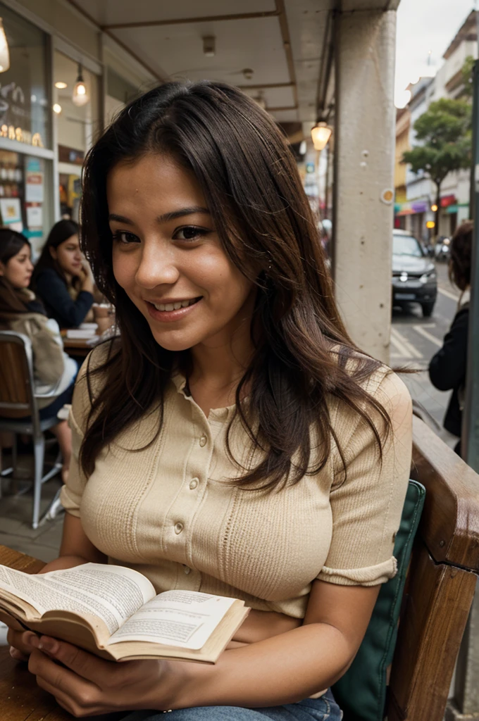 creates a photo taken from the street through the sale of a Colombian woman reading a book in a cafe, Happy and smiling