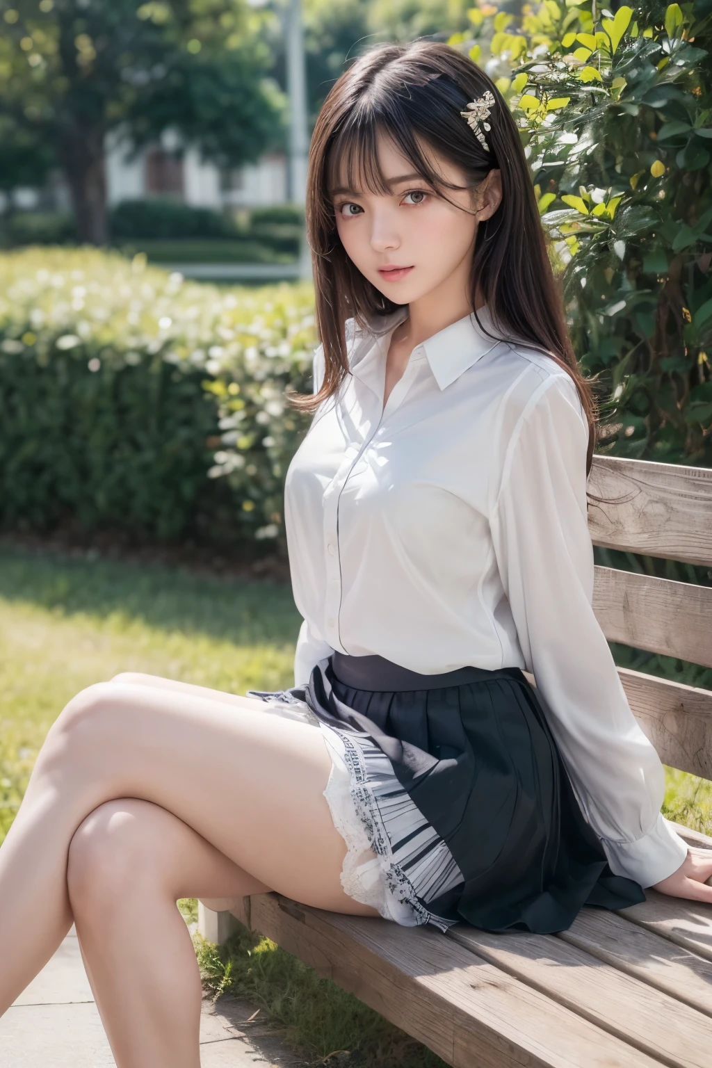 ((Best image quality、8K、masterpiece:1.3))、Realistic high-quality photos、Highest quality、Beautiful and graceful face and eyes、Uniform eyes、Black Hair、Shiny Hair、 OL、Wearing a short-sleeved blouse、Wear a long skirt、Full Body Shot. Sitting、(((White panties can be seen between her skirt and legs)))、