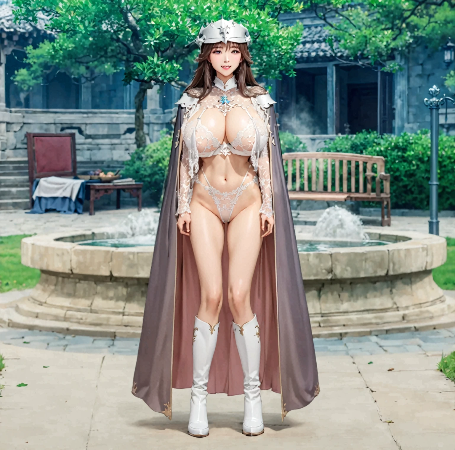 female knight knight, long hair, Sexy White Bikini Armor, Long-legged girl, Put on your boots, ,full body xianxia, Huge breasts,lewd expression, Smile, Strong sexual desire,High, Sexual thirst,Sexual need, fantasy服装, Transparent underwear, Lace underwear, nearly nude,Wearing a long cape, Lace cape,穿着fantasy服装, Real 8000g,Impeccable,masterpiece,Professional artwork,masterpiece,Light,bloom,Perfect face,Pretty Face,fantasy,Wonderful and magical,not real,Intricate details,Beautiful pattern, sexual hunger, Strong sexual desire,