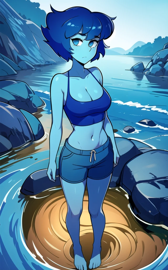 8k, highres, (masterpiece:1.2), (best quality:1.2), ultra-detailed, (an extremely delicate and beautiful), intricate , beautiful eyes,1girl,female, solo, ((blue skin)), blue eyes, colored skin, lapis lazuli \(steven universe\), sulapislazuli, ((short hair)),standing, full body, cowboy shot, ((blue crop top)), skirt,barefoot, water,blue shorts, bare shoulders , sleeveless , neckline, she is stuck in the muddy deep sticky quicksand sinking deep reach her pelvis struggles