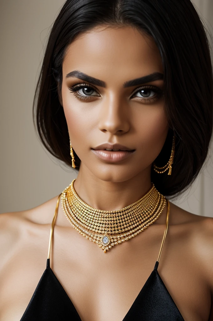 Image of a stunning model wearing thin gold jewelry, as well as professional black clothing, no deformed body parts