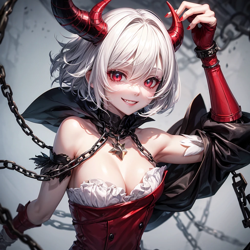 Makes a woman with short white hair white skin short clothes with chains and with black horns and a red crown and with a kawaii smile