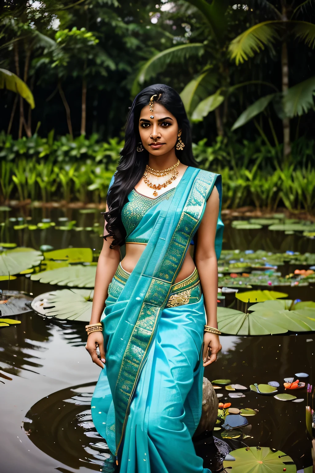 A very beautiful woman wearing Kerala Traditional Sari and jewelery is standing by the edge of a pond looking into the pond. The pond is full of blue lotuses.