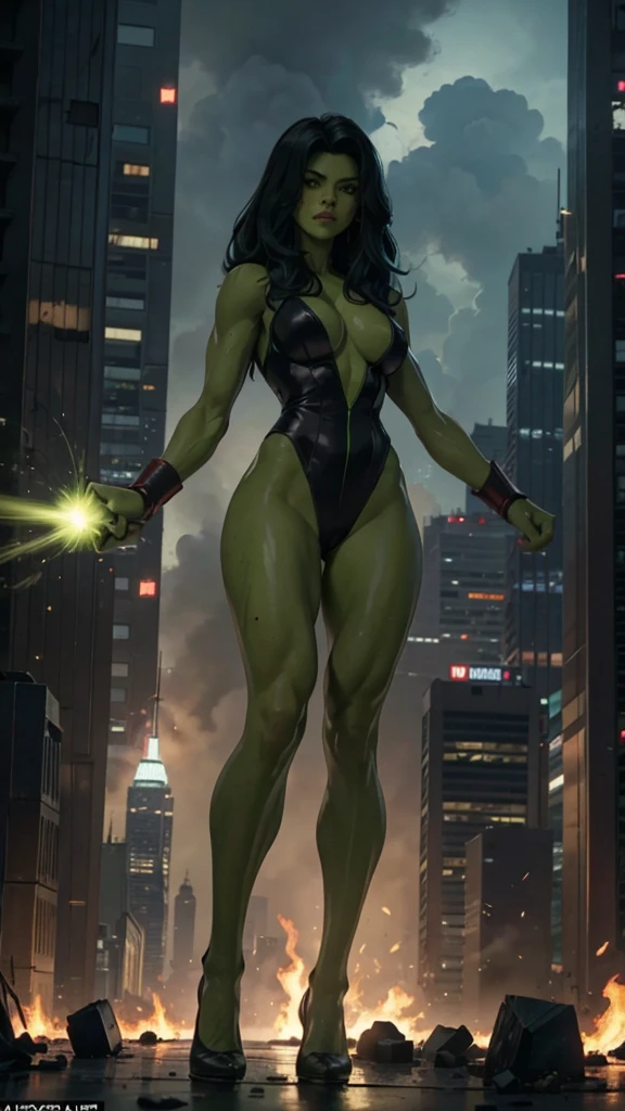 She-Hulk, marvel multiverse, avengers endgame, green skin, classic sexy suit, traje de super Hero, piel color verde, beautiful, YOUNG, sexy, skinny body, Strong body, musculosa, small and beautiful breasts, nalgas pequeñas y beautifuls, toned abdomen, small waist, Hero, powerful, fighting in New York City, very tall buildings, avengers tower building, alien invasion, Explosions, destruction, burning buildings, realist, Excellent quality, 4k, great definition, imagen realist com gran profundidad, Maximum details,