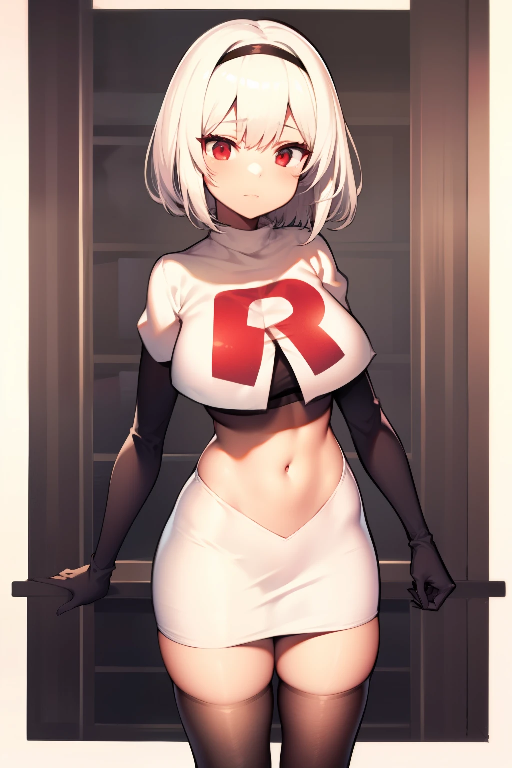 sirius (azur lane),white hair,red eyes,1girl,short hair,headband,team rocket,team rocket uniform,white skirt,red letter R,crop top,black thigh-highs,black elbow gloves