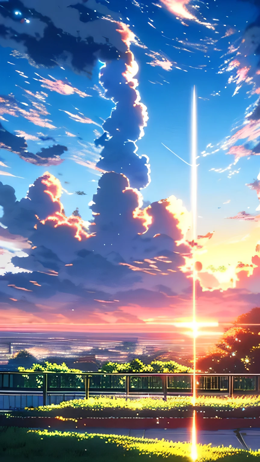 Anime-style scenery, Like a Makoto Shinkai movie, Highest quality, Shine, Shiny,scenery, No humans, null, cloud, Outdoor, sunset