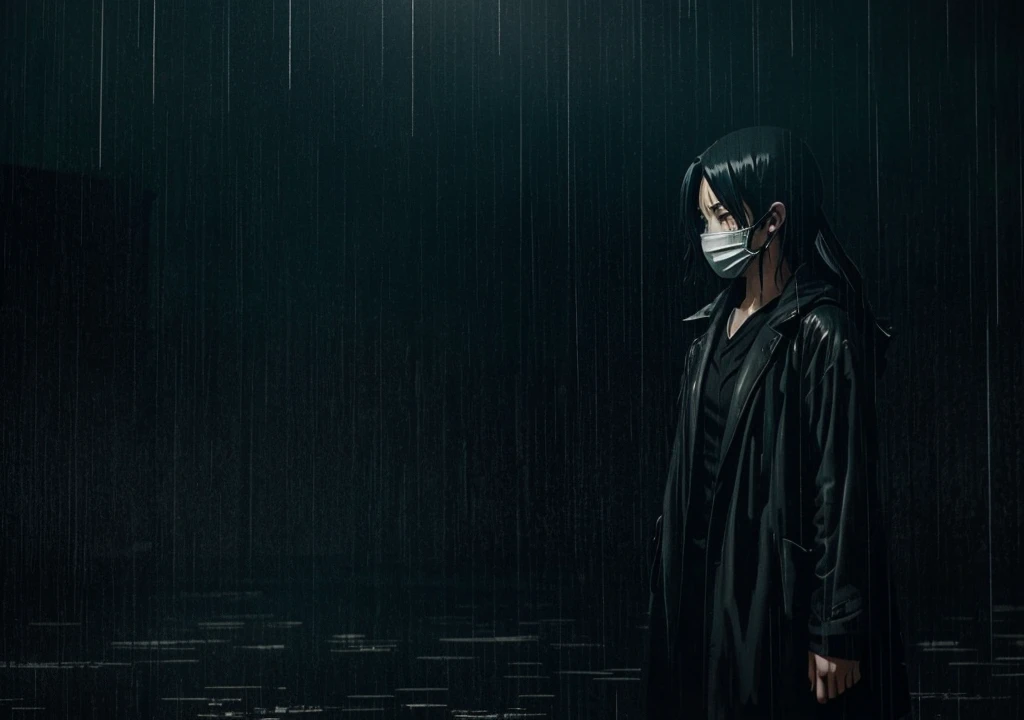 "Create an anime-style image that captures the emotional depth and contrasting themes of the song. The scene should feature a dark, rainy urban environment with deep shadows and muted colors. In the foreground, a character with visible red scars on their wrists stands in a contemplative pose, half-hidden in the shadows. Their face is partially obscured by a mask, symbolizing the duality of their public facade and private pain. Surrounding them, incorporate subtle, moody lighting and rain effects to evoke a sense of inner turmoil and silent screams. The overall aesthetic should blend traditional anime art with a melancholic and dark, yet visually striking atmosphere."