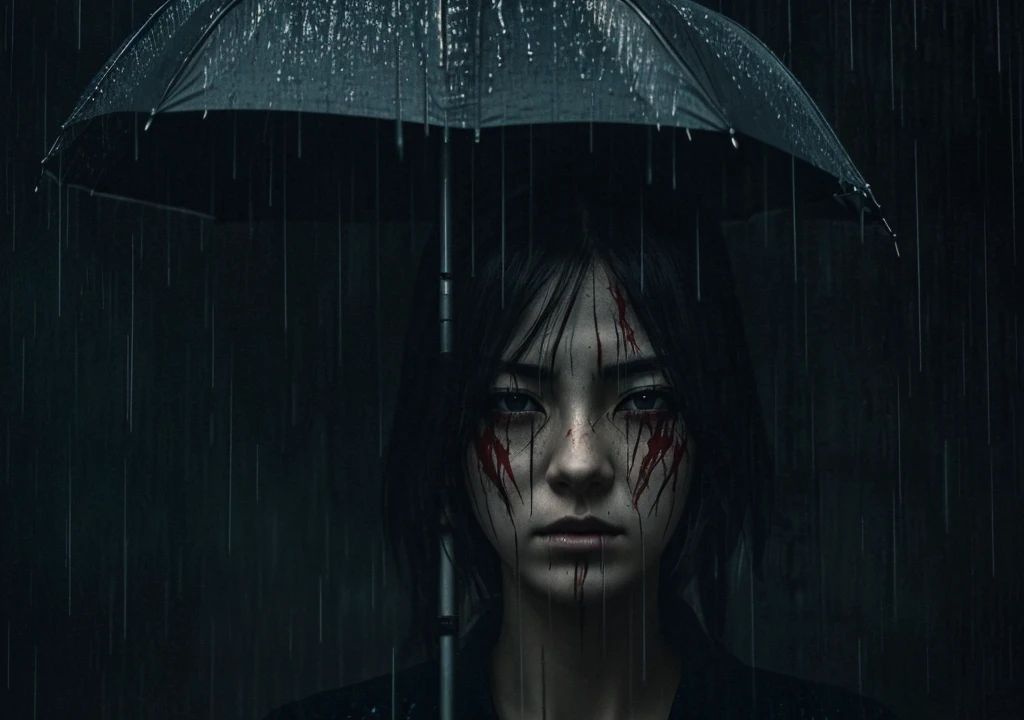 "Create an anime-style image that captures the emotional depth and contrasting themes of the song. The scene should feature a dark, rainy urban environment with deep shadows and muted colors. In the foreground, a character with visible red scars on their wrists stands in a contemplative pose, half-hidden in the shadows. Their face is partially obscured by a mask, symbolizing the duality of their public facade and private pain. Surrounding them, incorporate subtle, moody lighting and rain effects to evoke a sense of inner turmoil and silent screams. The overall aesthetic should blend traditional anime art with a melancholic and dark, yet visually striking atmosphere."