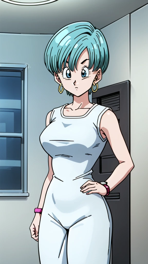 Dragon ball GT, bulma, 1girl, solo, looking at viewer, bowl cut, very short hair, blue eyes, holding, jewelry, upper body, earrings,  hair, sleeveless, indoors, bracelet, watch, hoop earrings, brazilian shirt, smoking, wristwatch, lighting cigarette, (huge breasts 1.3), curvy hips, full body
