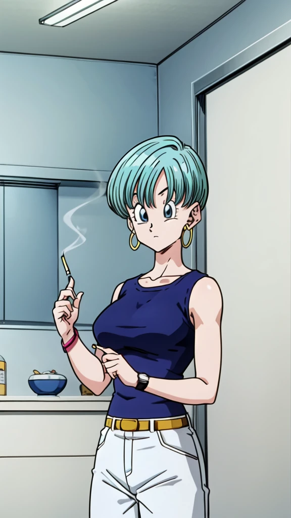 Dragon ball GT, bulma, 1girl, solo, looking at viewer, bowl cut, very short hair, blue eyes, holding, jewelry, upper body, earrings,  hair, sleeveless, indoors, bracelet, watch, hoop earrings, brazilian shirt, smoking, wristwatch, lighting cigarette, (huge breasts 1.3), curvy hips, full body
