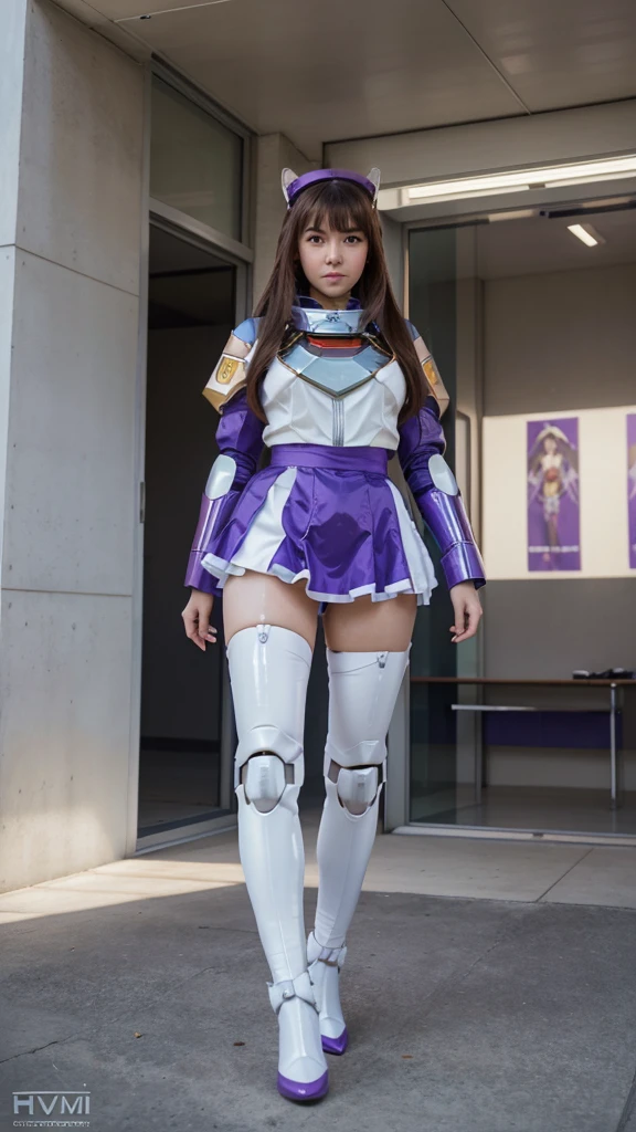 RAW, Masterpiece, Ultra Fine Photo,, Best Quality, Ultra High Resolution, Photorealistic, Sunlight, Full Body Portrait, Stunningly Beautiful,, Dynamic Poses, Delicate Face, Vibrant Eyes, a full body of a woman in a purple and white gundam custume, dybamic pose, long brown very very long hair rapunzel, girl in mecha cyber armor, portrait armored astronaut girl, d. va from overwatch, female mecha, on a gundam, gundam head, chiho aoshima color scheme, mobile suit, streamlined purple armor, fully robotic!! girl, realistic cosplay, gundam armor , full body, sit down, full body, fashion skirt modern,,