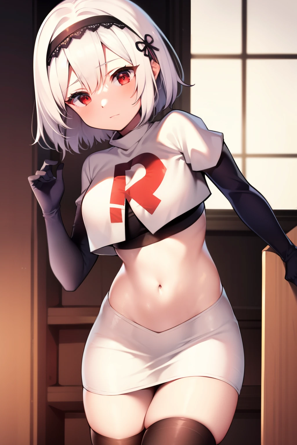 sirius (azur lane),white hair,red eyes,1girl,short hair,headband,team rocket,team rocket uniform,white skirt,red letter R,crop top,black thigh-highs,black elbow gloves