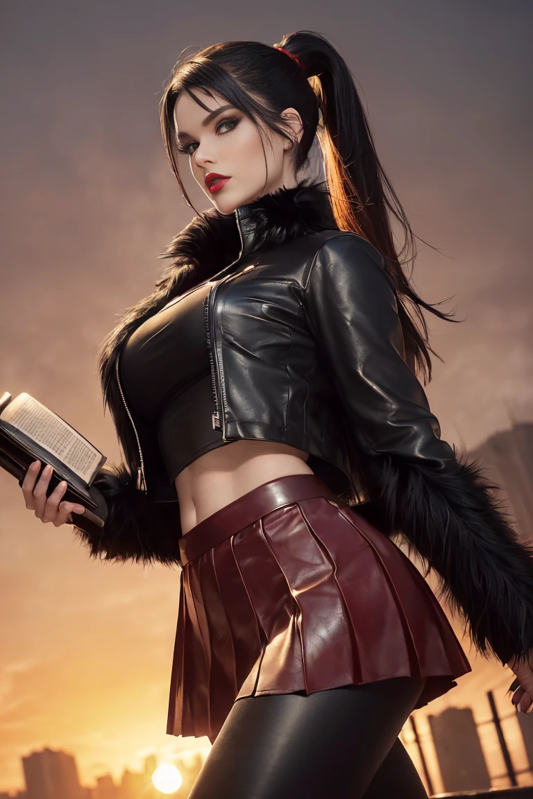 (masterpiece) Woman, wearing ((black and red leather sports top, black leggings and a pleated leather skirt, long fur jacket, high heeled boots, holding a book in one hand and a glass of wine in the other)), appearance ((black hair tied into a high ponytail, bright brown eyes, detailed eyes, red lips)), environment, walking down a misty street at sunset