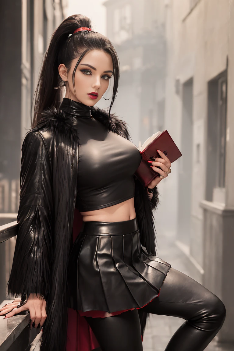 (masterpiece) Woman, wearing ((black and red leather sports top, black leggings and a pleated leather skirt, long fur jacket, high heeled boots, holding a book in one hand and a glass of wine in the other)), appearance ((black hair tied into a high ponytail, bright brown eyes, detailed eyes, red lips)), environment, walking down a misty street at sunset