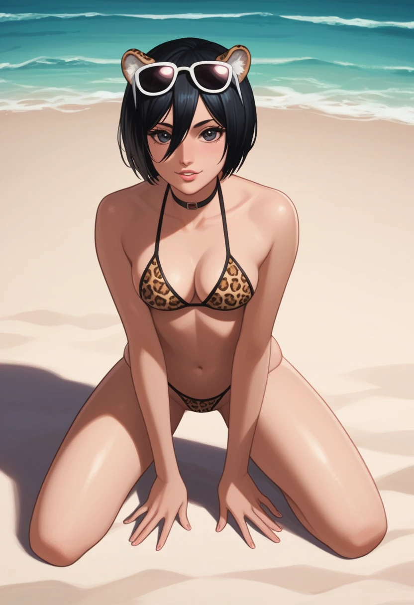 score_9_up, score_8_up, score_7_up, 1girl, solo, mature female, Mikasa, very short black hair, pixie cut, dark grey eyes, pink lips, parted lips, fit slim body, ((perfect medium erected breast)), ((( leopard tight bikini with thong, sunglasses on her head))), rosy cheeks, wide hips, sand beach, looking at the viewer, naughty smile, kneeling on the sand and showing her tits, wet body